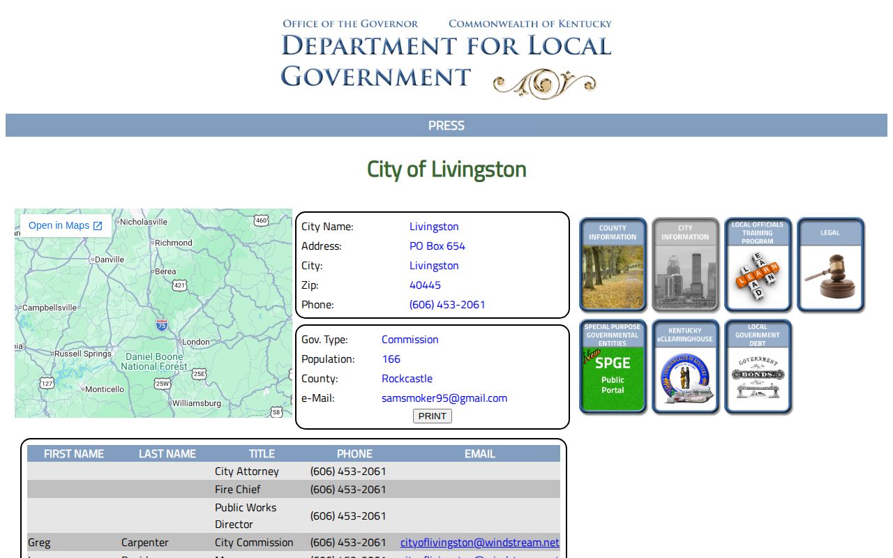 Livingston, Rockcastle County city profile and police contact record