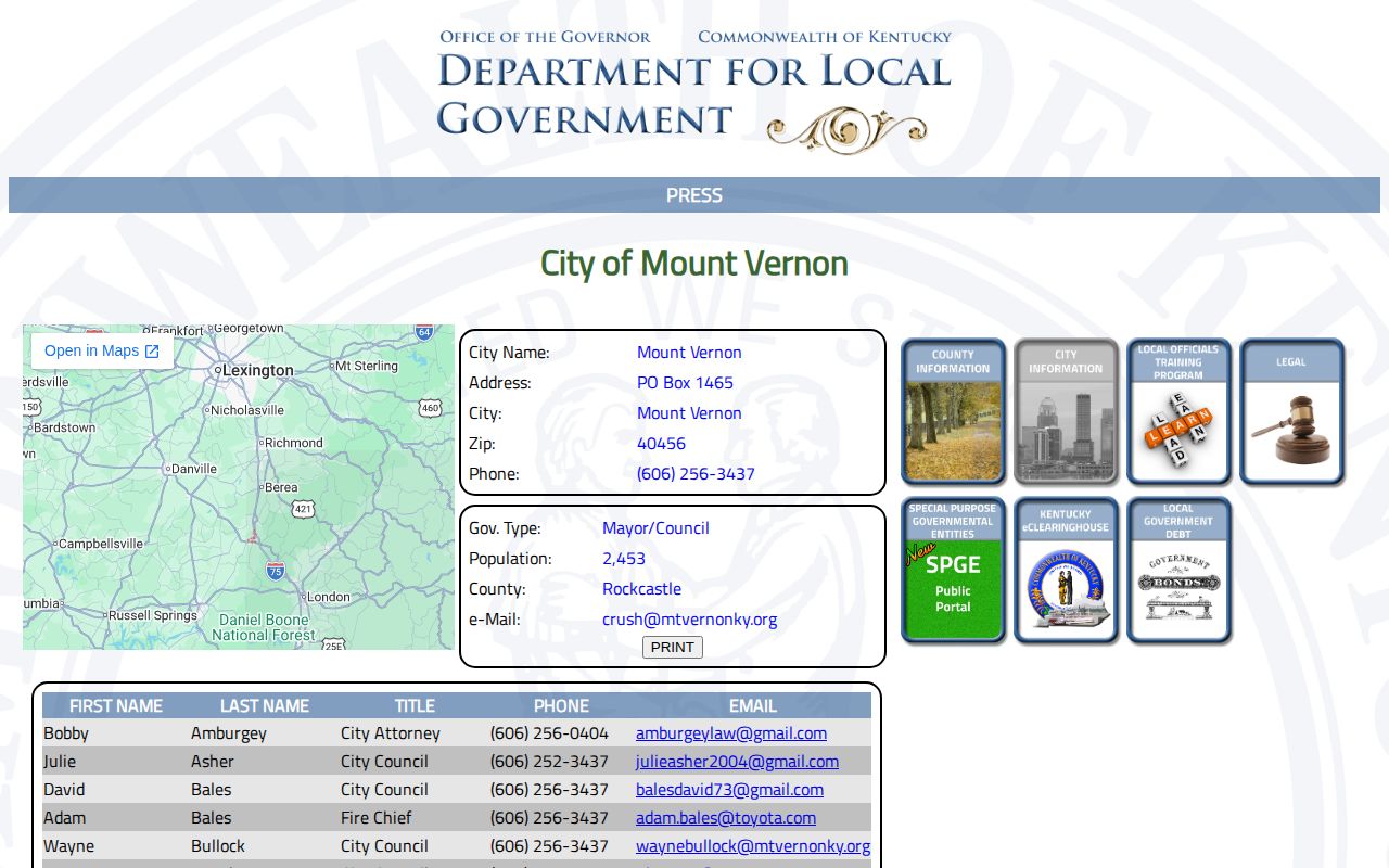 Mount Vernon, Rockcastle County city profile and public-record contact record